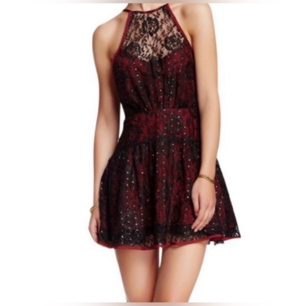 Free People Wish Upon A Star Lace Mini Dress NWOT Red Black Size 8